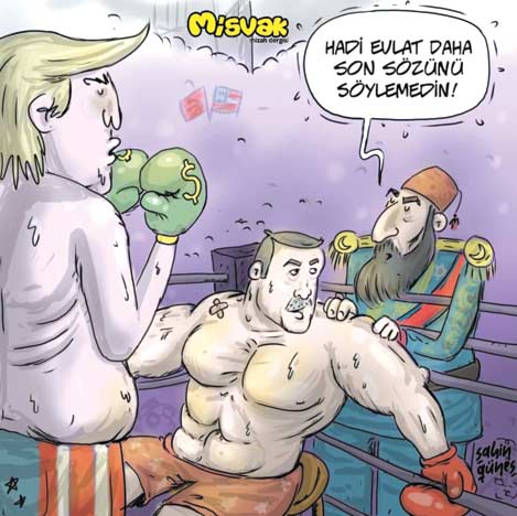 קריקטורה באתר רשת טורקי מציגה את הסולטן אבו חמיד בקרב עם מטראמפ
