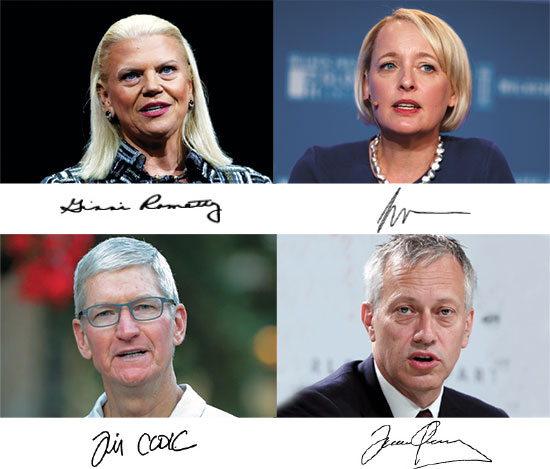 משמאל: ג'יני רומנטי IBM, ג'ולי סוויט, אקסנצ'ור, טים קוק. מנכ"ל אפל, ג'יימס קווינסי, קוקה קולה / צילום: רויטרס