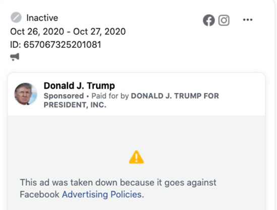 פוסט של טראמפ שירד מהאוויר בגלל הפרה של כללי פייסבוק. / צילום: פייסבוק
