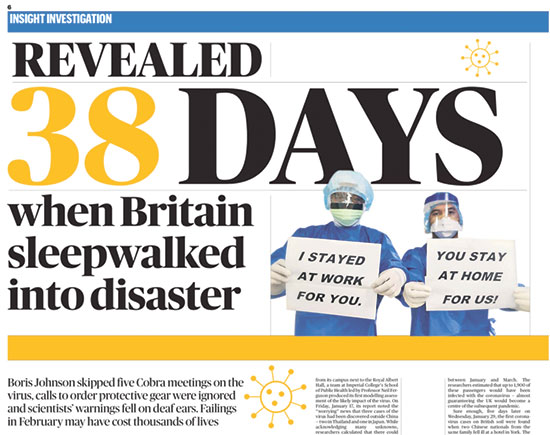 שער הסאנדיי טיימס, השבוע. "38 הימים שבהם בריטניה צעדה לעבר אסון כמתוך שינה" / צילום: צילום מסך