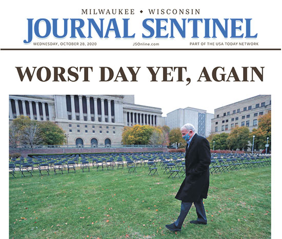 "שוב, היום הגרוע ביותר", מכריז העיתון הגדול בוויסקונסין, שבו נראה ראש העיר של מילווקי חולף על פני 600 כסאות ריקים המסמלים את מתי המגפה בעיר / צילום: צילום מסך
