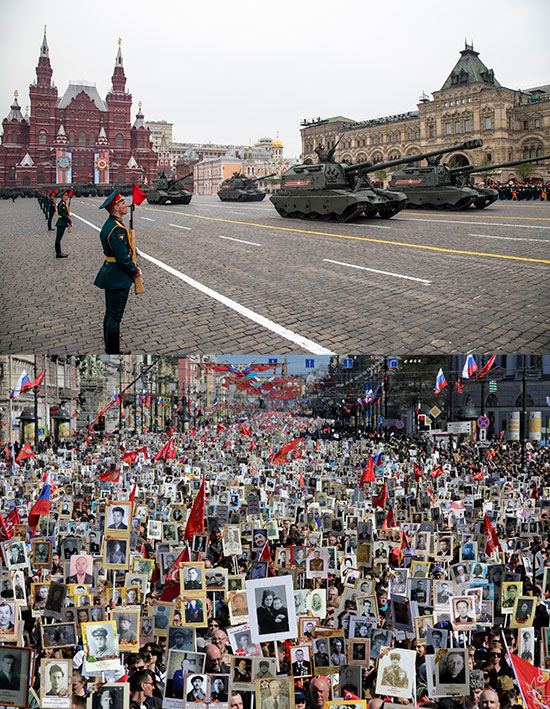 רחבת הכיכר האדומה ביום הניצחון על הנאצים, אמש לעומת שנה שעברה. בצל הקורונה, המצעד מתקיים ללא קהל / צילום: Alexander Zemlianichenko, Associated Press