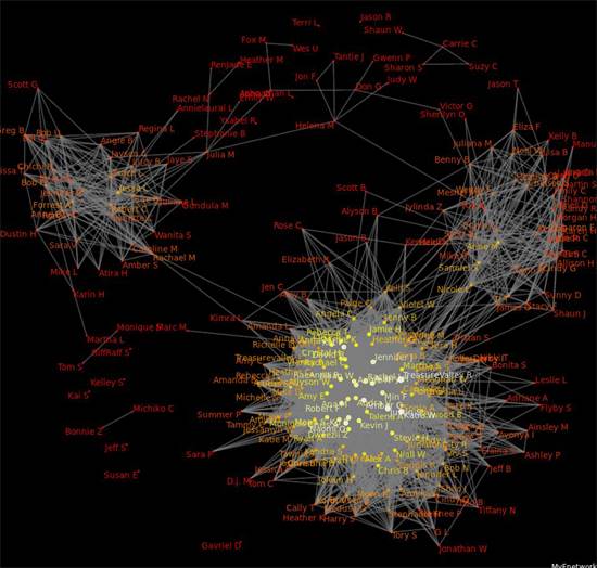 רשת הקשרים בפייסבוק כפי שנוצרה על ידי אפליקציית MyFnetwork
מתוך ויקיפדיה

