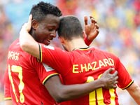 אוריגי ואדן הזאר חוגגים שער לנבחרת בלגיה מול רוסיה / צילום: רויטרס