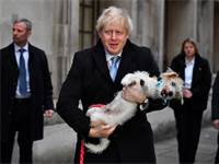 בוריס ג'ונסון והכלב שלו, אחרי הצבעה בבחירות בבריטניה / צילום: Dylan Martinez, רויטרס