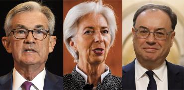 נגיד הבנק המרכזי של בריטניה, אנדרו ביילי, נשיאת הבנק המרכזי האירופי, כריסטין לגארד, יו"ר הפדרל רזרב, ג'רום פאוול / צילום: Associated Press