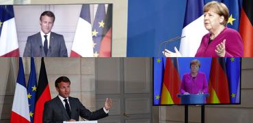 מימין: הקאנצלרית אנגלה מרקל בברלין והנשיא עמנואל מקרון בפריז. מסיבת עיתונאים בו זמנית / צילום: Associated Press