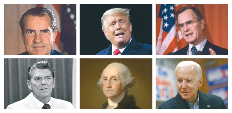הנשיאים בוש, טראמפ, ניקסון, המועמד ביידן, וושינגטון ורייגן / צילומים: John Redman ,Alex Brandon ,Patrick Semansky - AP, ויקימדיה